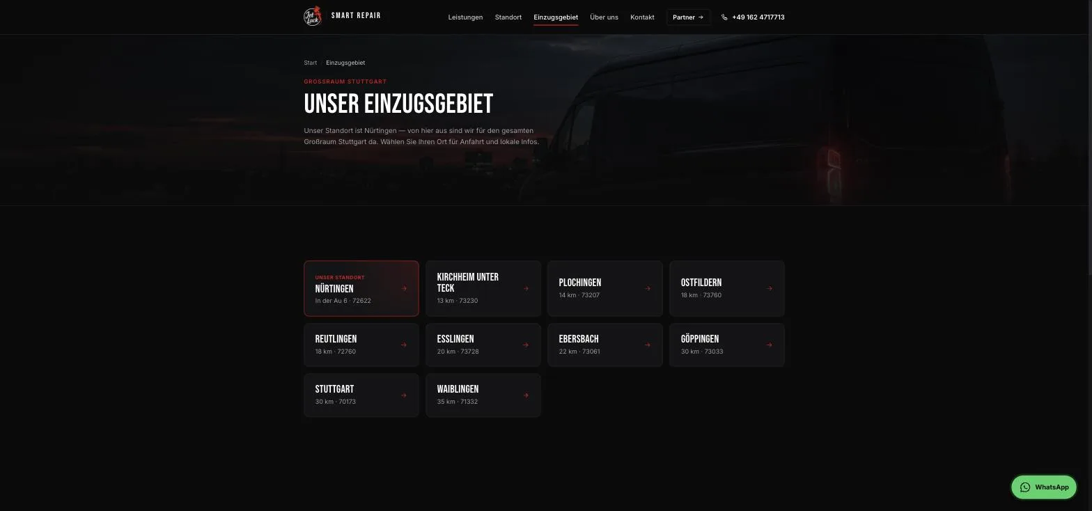Kachel-Übersicht des JetLack-Einzugsgebiets mit zehn Städten im Großraum Stuttgart, jeweils mit Entfernung und Postleitzahl