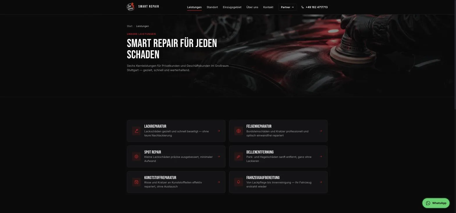 Übersichtsseite der sechs JetLack-Leistungen als Kachel-Raster: Lackreparatur, Felgenreparatur, Spot Repair, Dellenentfernung, Kunststoffreparatur, Fahrzeugaufbereitung
