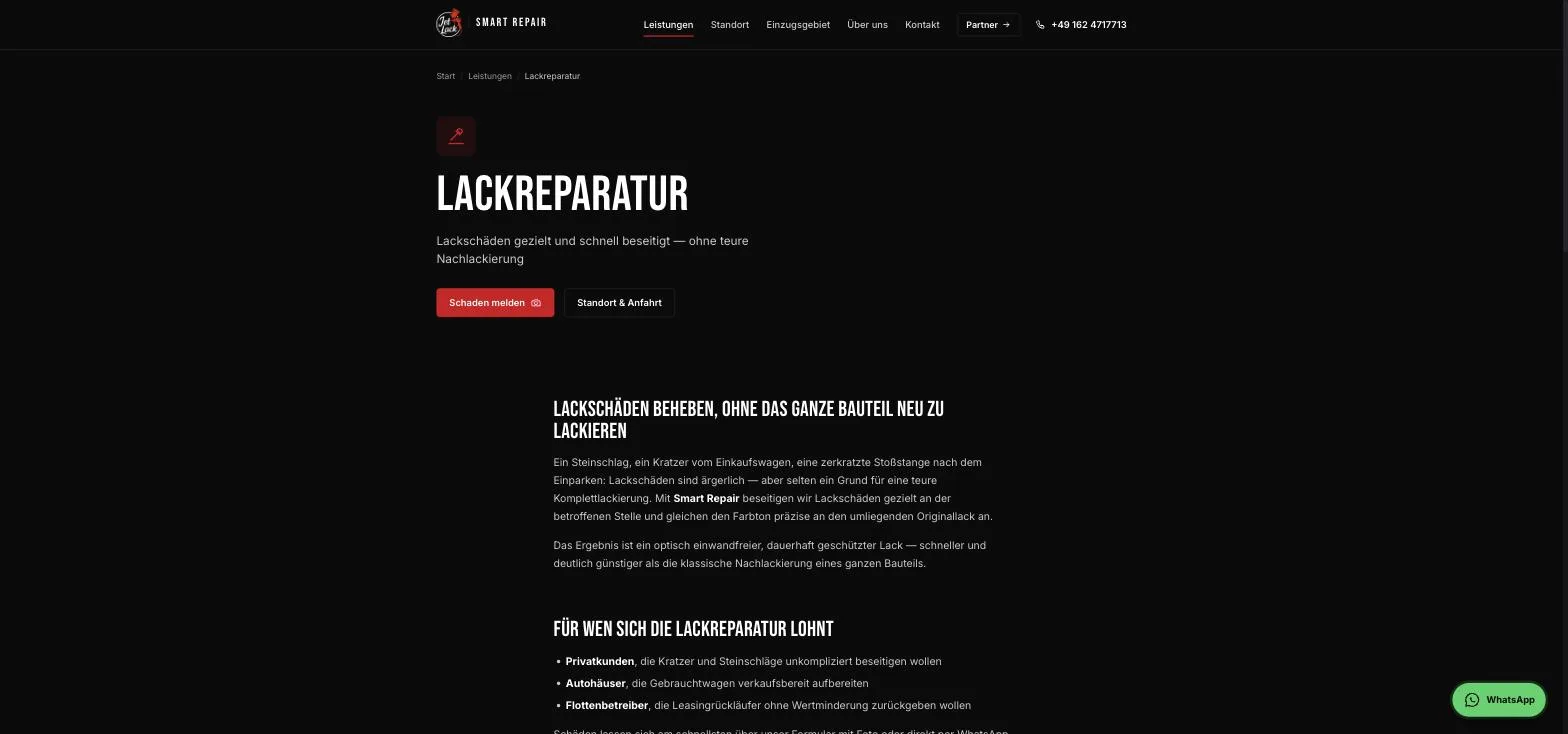 Detailseite zur Lackreparatur mit Überschrift, Fließtext zum Leistungsumfang und Liste 'Für wen sich die Lackreparatur lohnt