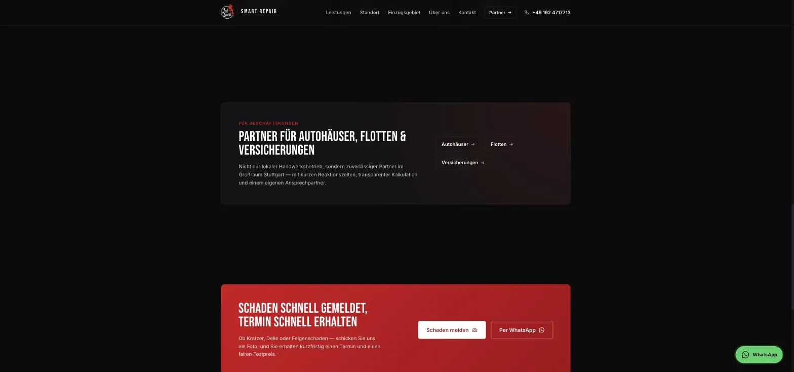 Abschnitt 'Für Geschäftskunden' mit Überschrift 'Partner für Autohäuser, Flotten & Versicherungen' und drei Buttons Autohäuser, Flotten, Versicherungen