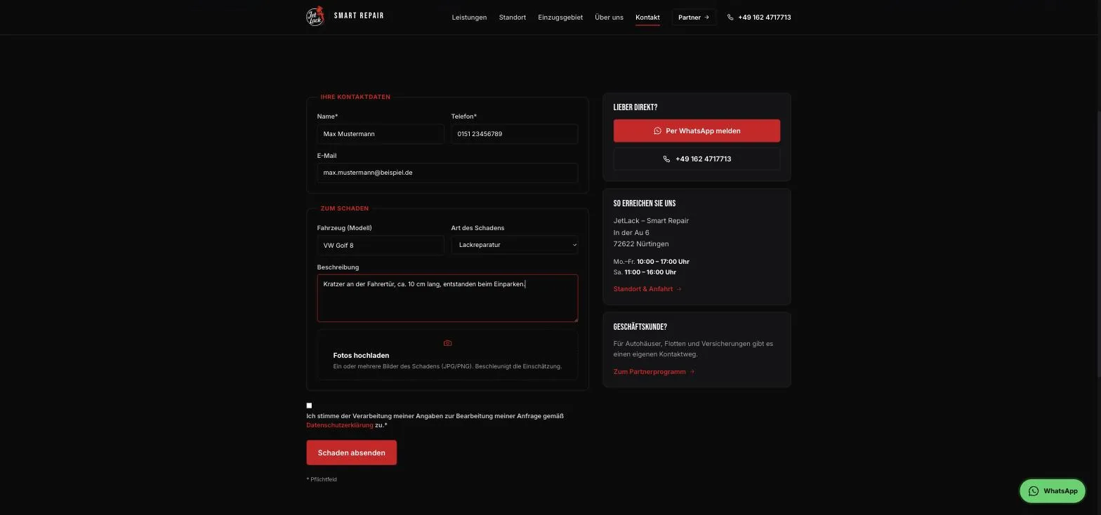 Ausgefülltes Kontaktformular 'Schaden melden' mit Feldern für Name, Telefon, E-Mail, Fahrzeugmodell, Schadensart und Beschreibung sowie Option zum Hochladen von Fotos