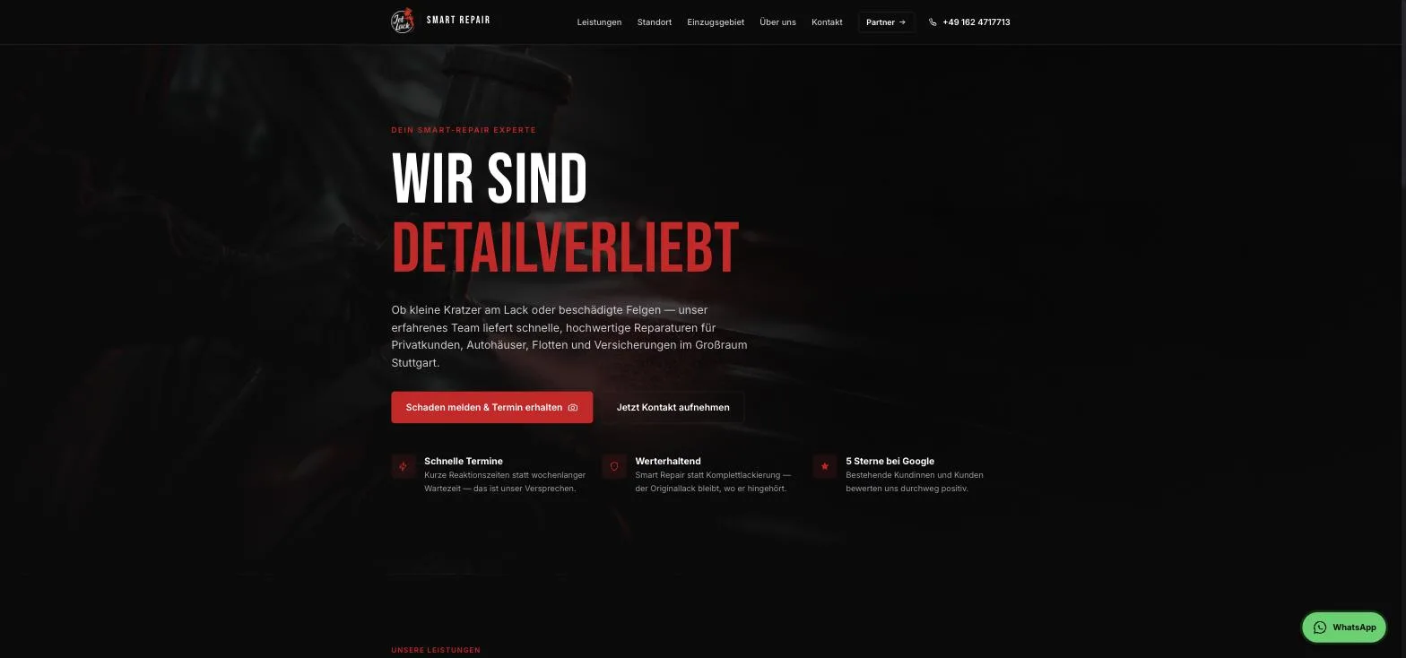 Startseite von JetLack mit Headline 'Wir sind detailverliebt', zwei Call-to-Action-Buttons und drei Trust-Badges (Schnelle Termine, Werterhaltend, 5 Sterne bei Google)